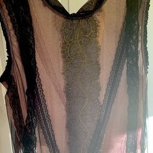 Last drop! Mesh & lace sleeveless sheer top blush w/ black & gold metallic lace